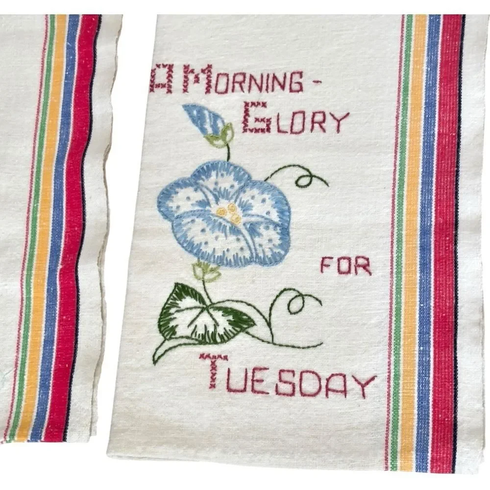 Vintage Days of the Week Set of 6 Colorful Embroidered Flower Dish Towels.